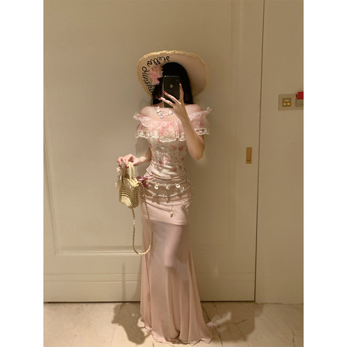 GeGe Shop 粉色套装法式荷叶边露肩碎花拼接上衣长款半身裙