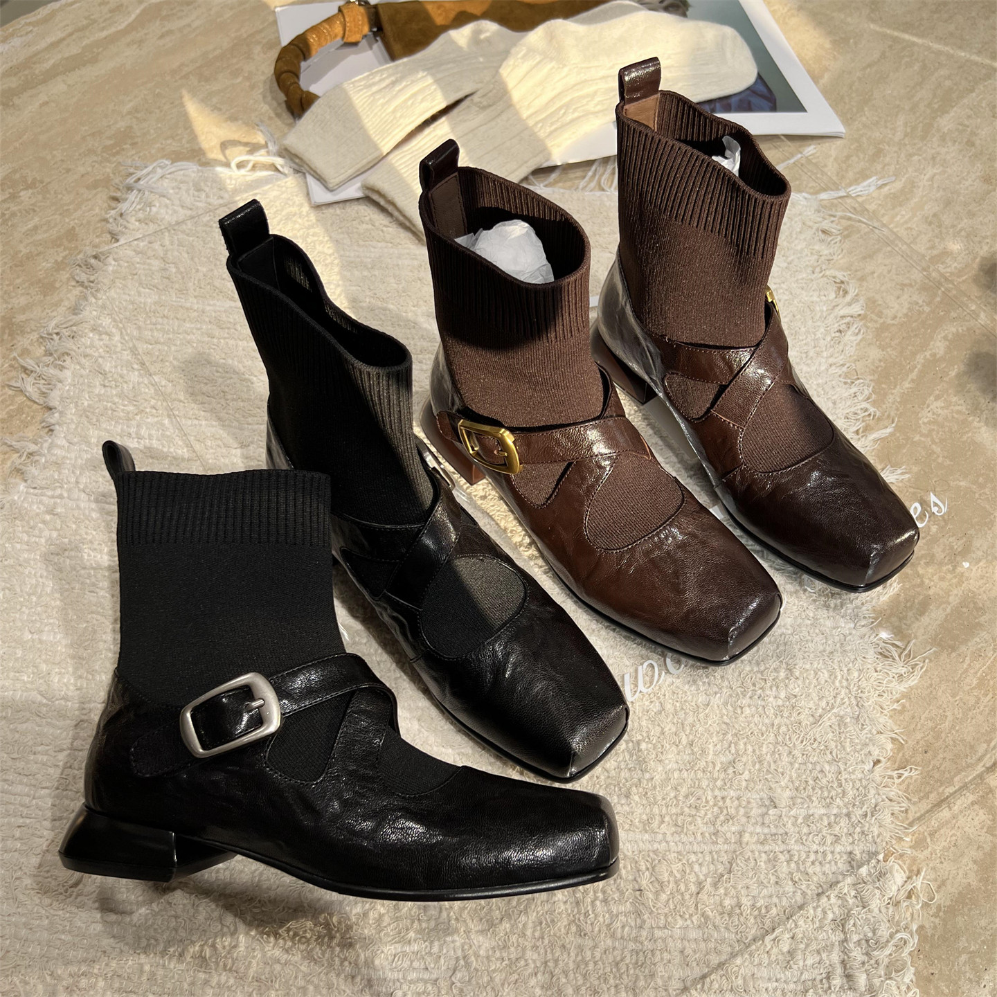 欧洲站真皮方头弹力袜靴瘦瘦靴