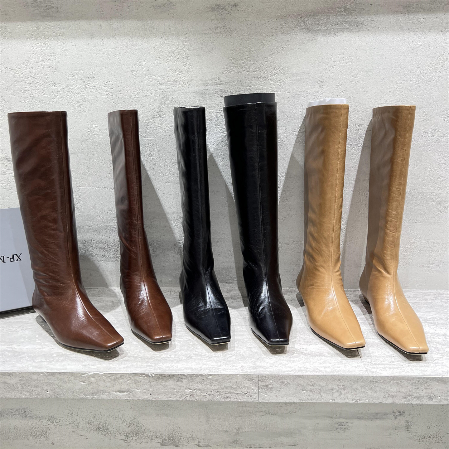 真皮方头坡跟高筒长靴显瘦骑士靴