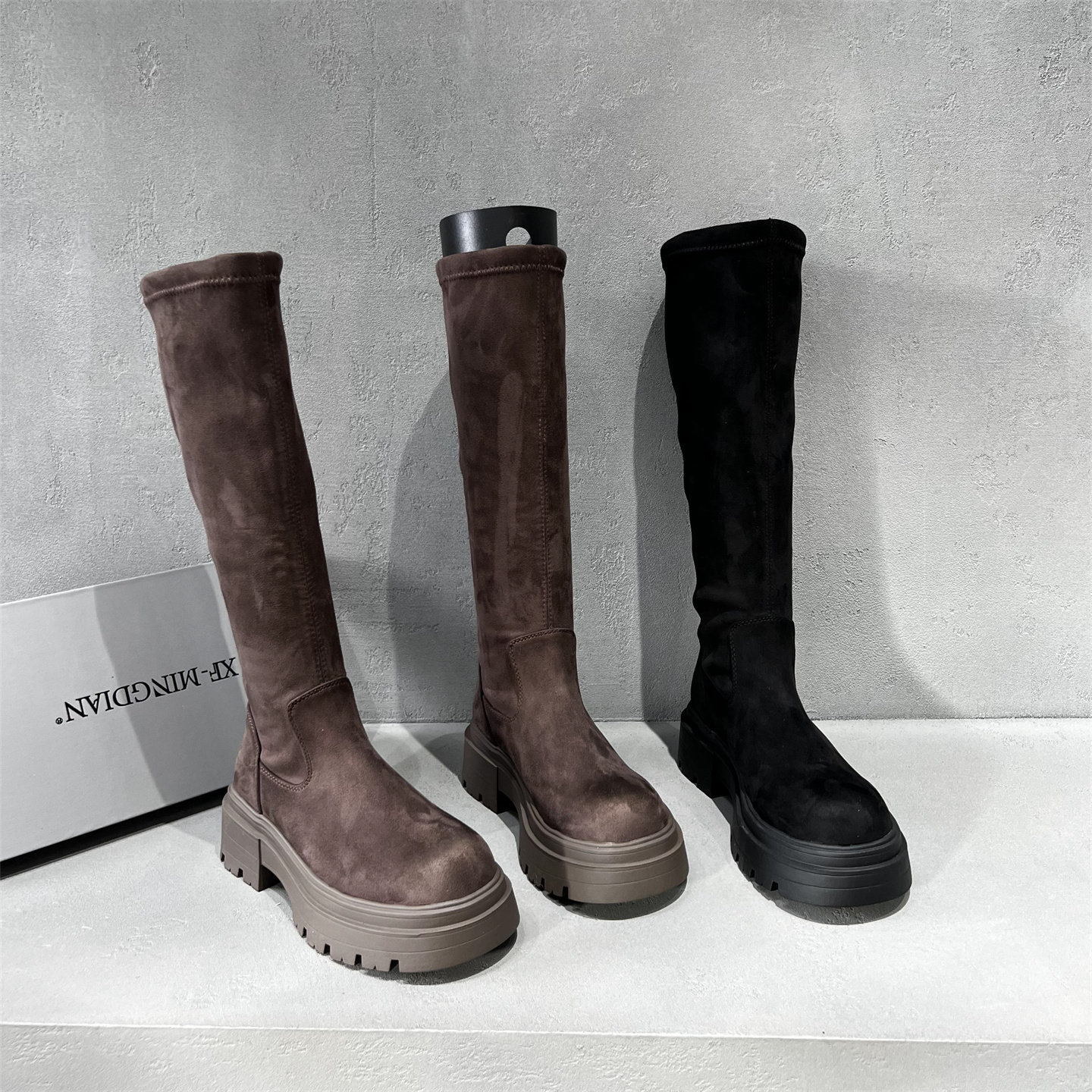 欧洲站女靴2025冬新款欧货圆头厚底加绒保暖高筒长靴显瘦弹力靴潮,女鞋,弹力靴/袜靴,淘宝优惠券,粉丝福利购,淘宝优惠卷