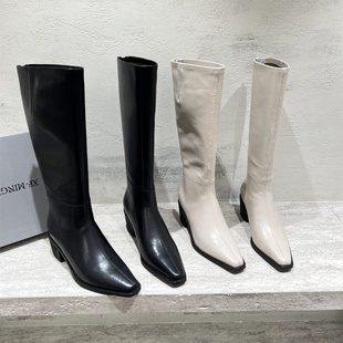 欧洲站女靴2025秋新款 欧货真皮胎牛皮粗高跟后拉链高筒长靴骑士靴