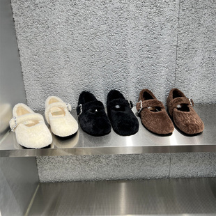 欧洲站乐魔女鞋2025秋冬新款真皮低跟羊羔毛加绒保暖毛毛鞋豆豆鞋