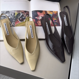 wm6女鞋2026春新款欧货真皮胎牛皮坡跟浅口单鞋后空时尚包头凉鞋