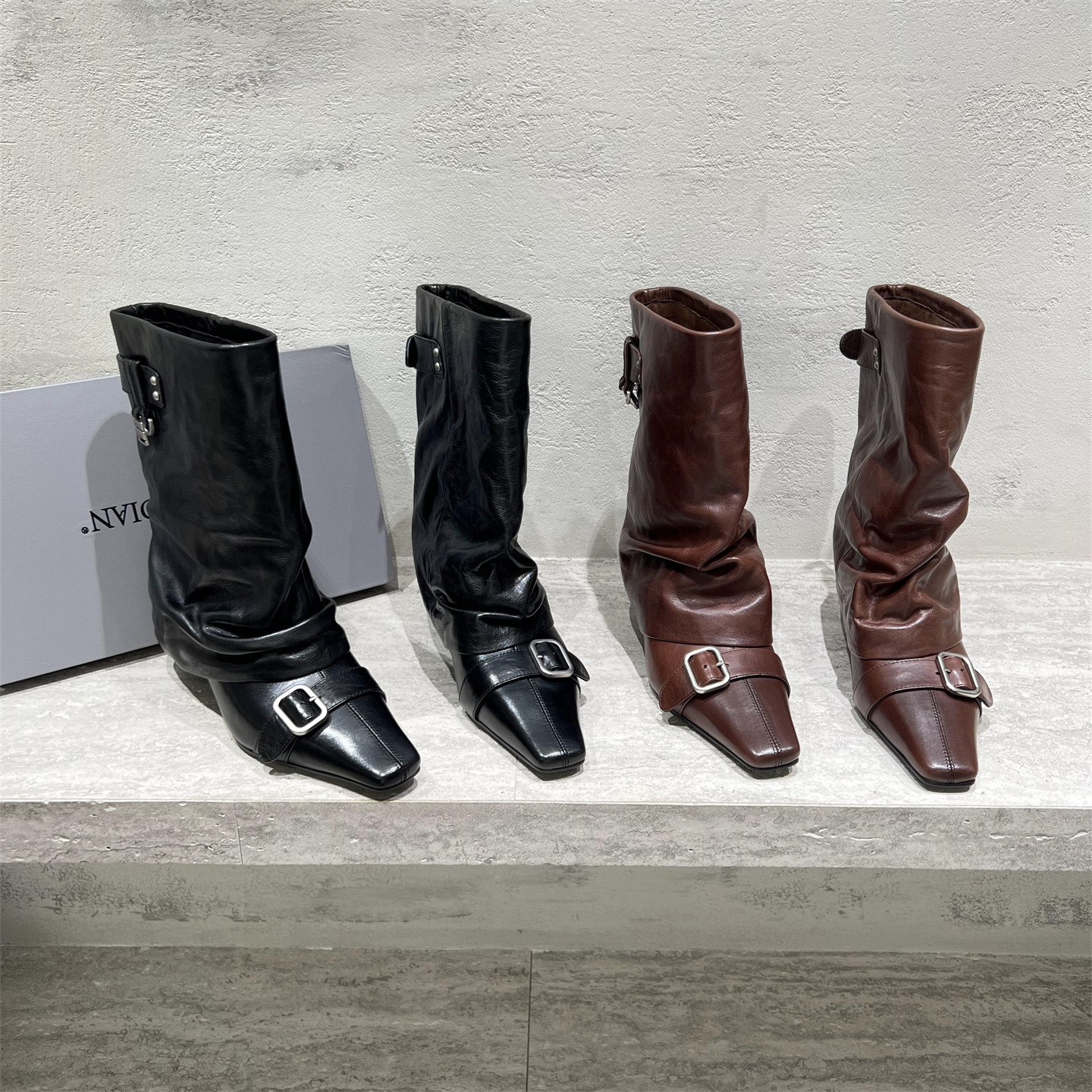 真皮方头细跟套筒裤管靴马丁靴潮