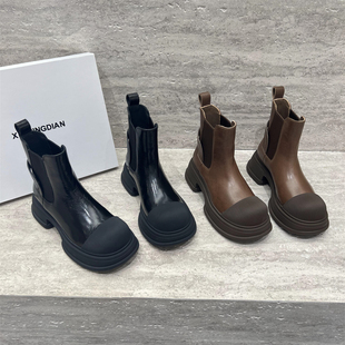 欧洲站女鞋 马丁靴英伦风短靴 2025秋新款 欧货真皮圆头厚底套筒时尚