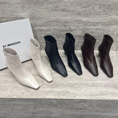 真皮方头细跟后拉链短靴马丁靴潮