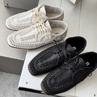 wm6女鞋2026春新款欧货真皮系带编织平底浅口单鞋英伦风乐福鞋潮