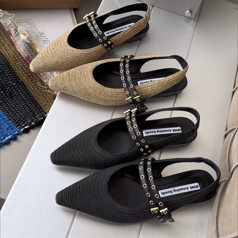 wm6女鞋2026春新款欧货真皮布面低跟平底小香风单鞋后空包头凉鞋