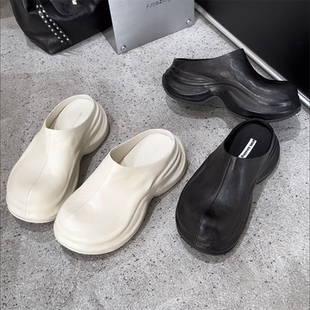 WM6女鞋2026春新款欧货真皮圆头厚底懒人勃肯半拖松糕底包头拖鞋