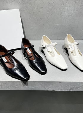欧洲站女鞋2026春新款欧货真皮一字带方头低跟玛丽珍鞋浅口单鞋潮