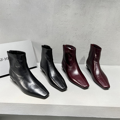 真皮方头坡跟切尔西短靴马丁靴潮