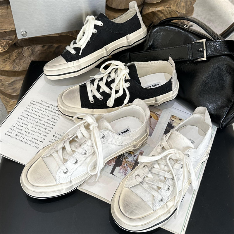 wm6女鞋2026春新款欧货真皮圆头厚底做旧帆布鞋韩版时尚休闲板鞋