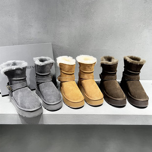 欧洲站女靴2025秋冬新款欧货真皮扣带皮毛一体保暖雪地靴大棉短靴