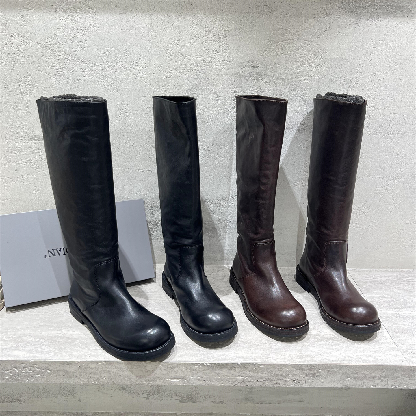 真皮圆头厚底全皮高筒长靴骑士靴