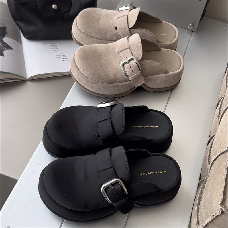 wm6女鞋2026春新款欧货真皮扣带厚底增高勃肯半拖松糕底包头拖鞋