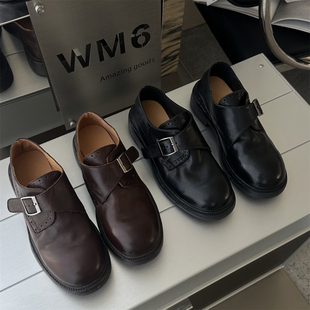 WM6女鞋2026春新款欧货真皮扣带厚底英伦风乐福鞋布洛克皮单鞋潮