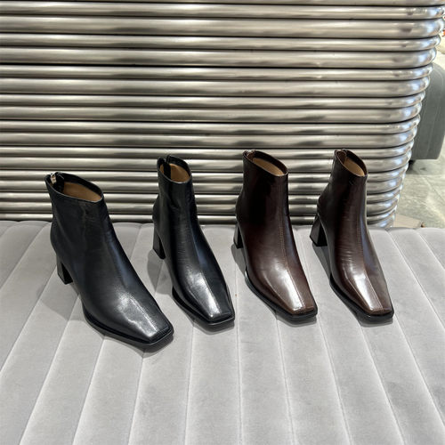 乐魔真皮方头粗高跟短靴马丁靴潮