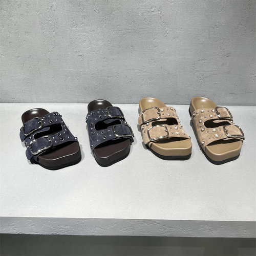 先锋名典真皮扣带厚底一字凉拖鞋