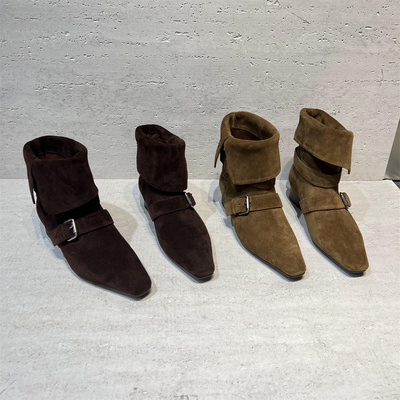 真皮磨砂皮粗跟时尚短靴马丁靴潮