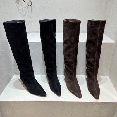 乐魔真皮尖头高跟时装靴高筒长靴