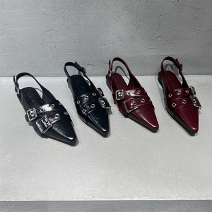 欧洲站女2026春新款欧货真皮一字带低跟平底浅口单鞋时尚包头凉鞋