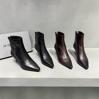 真皮尖头后拉链高跟鞋短靴马丁靴