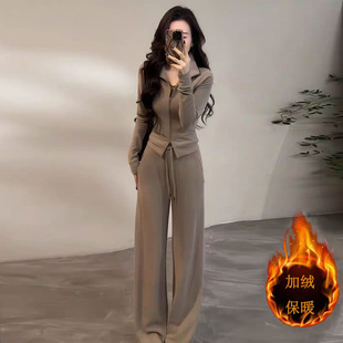 两件套装 秋冬加绒减龄显瘦拉链外套卫衣阔腿裤 女新款 休闲运动套装