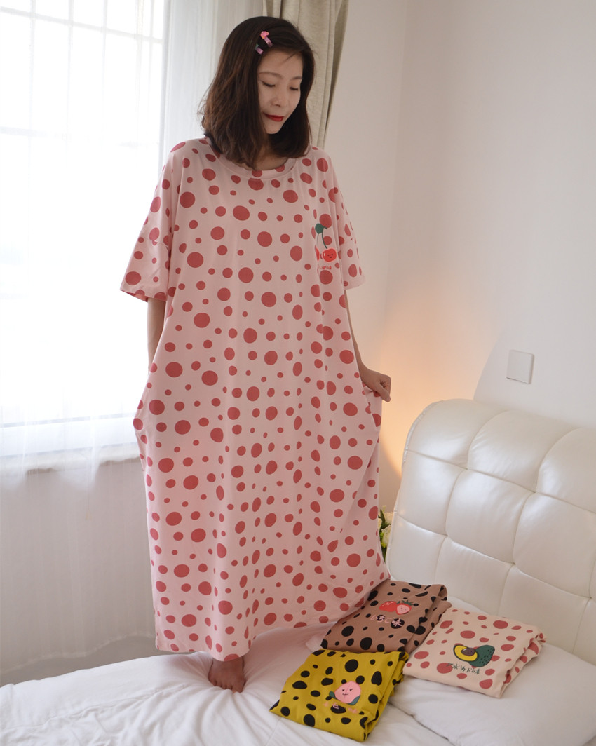 波点水果睡裙女胖MM加大码夏季短袖薄款纯棉长款睡裙甜美家居服