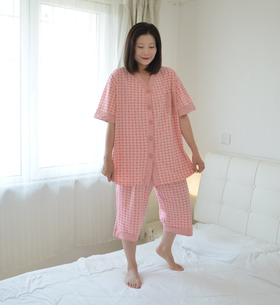 V领开衫纯棉睡衣女夏季加肥加大码纯棉短袖七分裤休闲200斤家居服