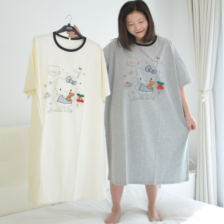 卡通猫咪睡裙女夏季短袖薄款纯棉加肥大码胖MM宽松家居睡衣200斤