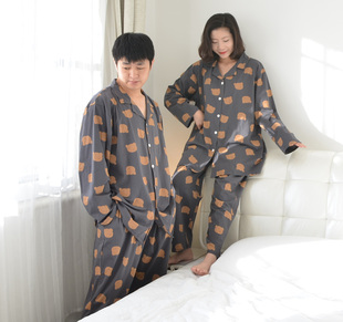 卡通小熊大码 200斤 情侣睡衣女春秋纯棉开衫 胖MM宽松男家居服套装