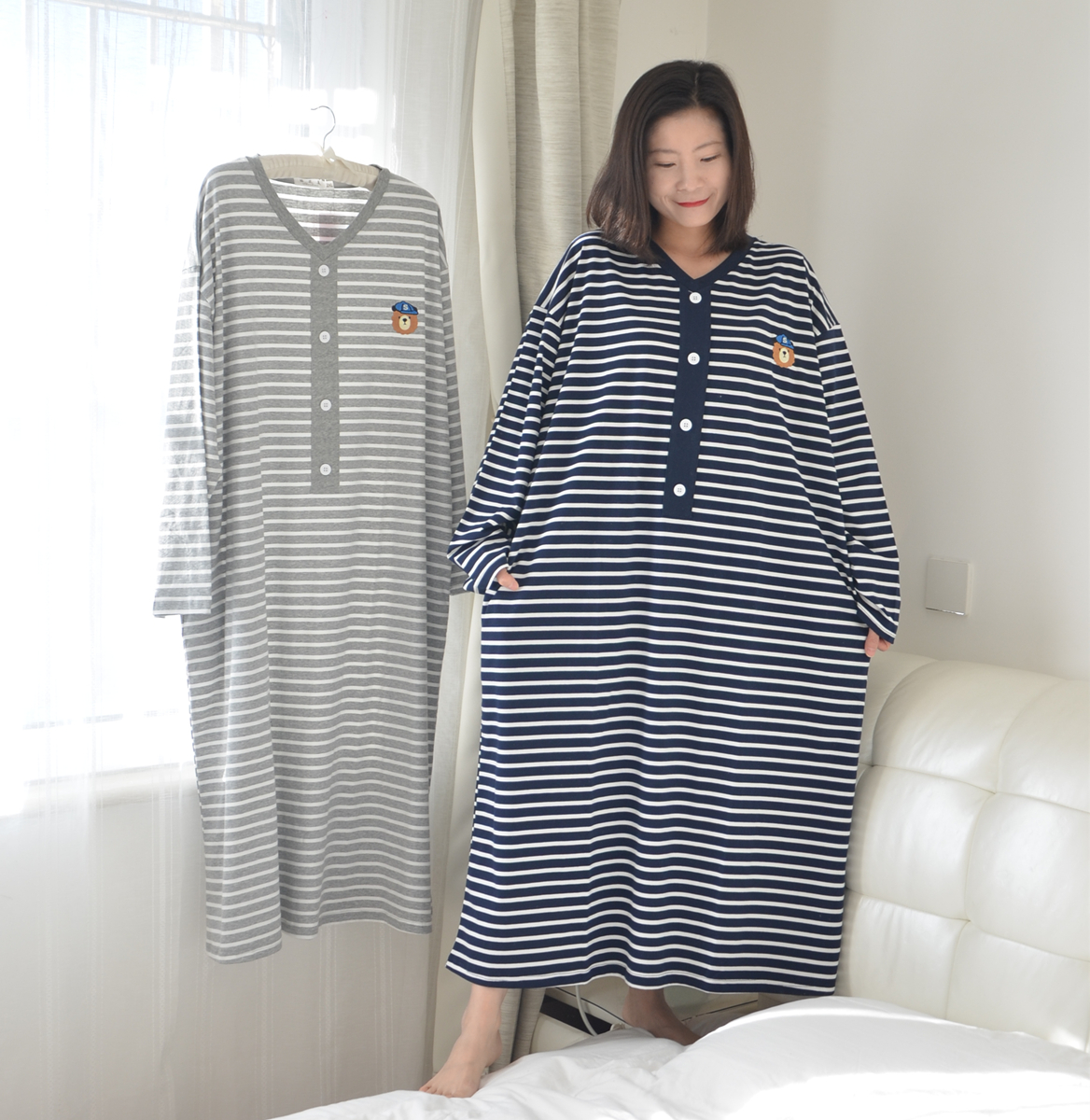 针织棉加肥超肥大码胖MM孕妇睡裙