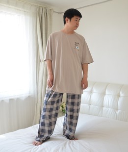 加肥加大码 300斤薄款 睡衣男夏季 纯棉短袖 宽松休闲家居服200斤 长裤
