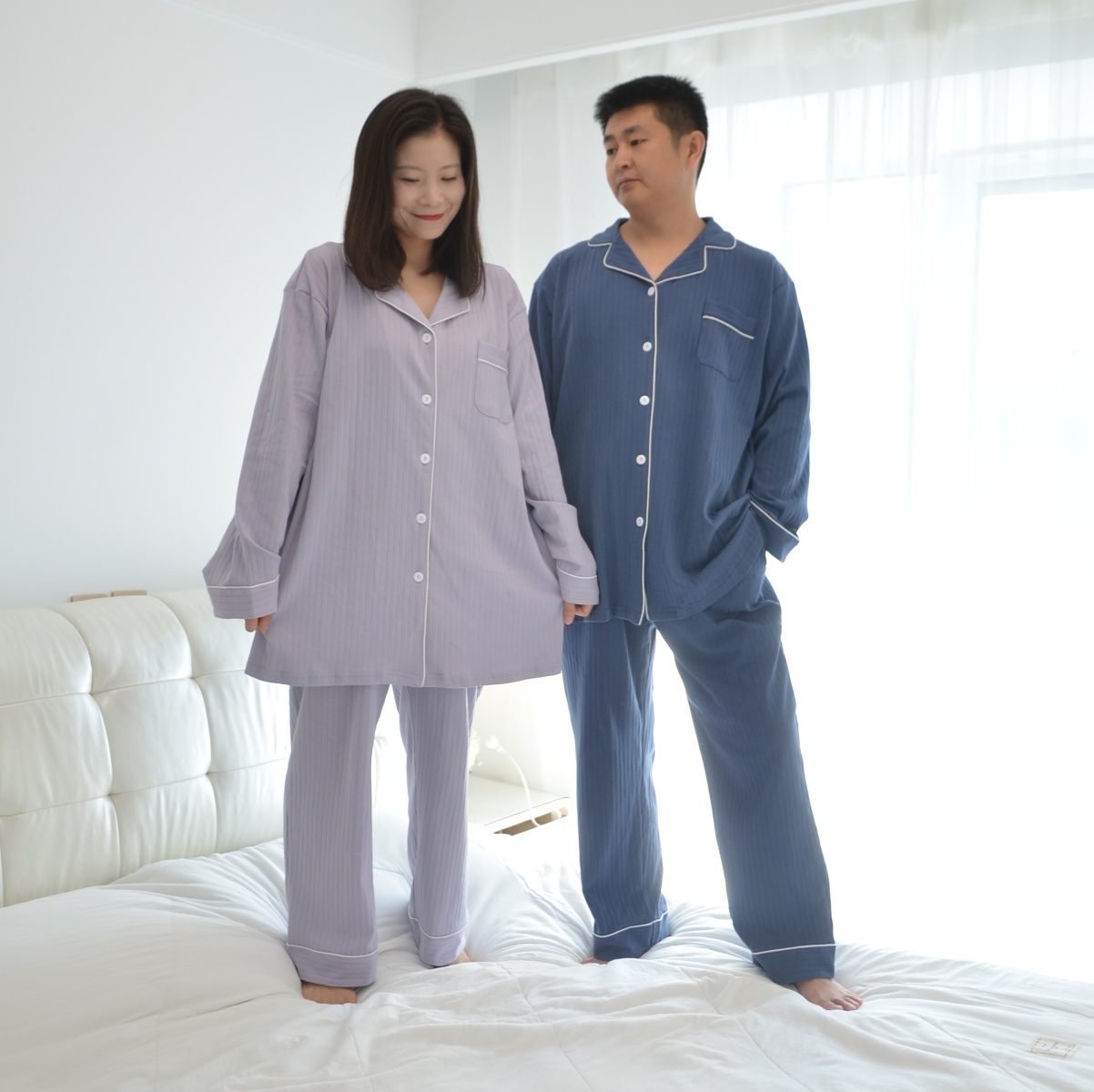 春秋加肥大码加厚纯棉开衫情侣睡衣男女胖MM长袖衬衫家居服200斤