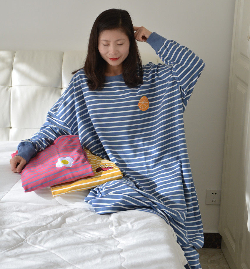 秋冬女简约条纹款纯棉睡裙加大码宽松休闲胖MM孕妇200斤家居睡衣