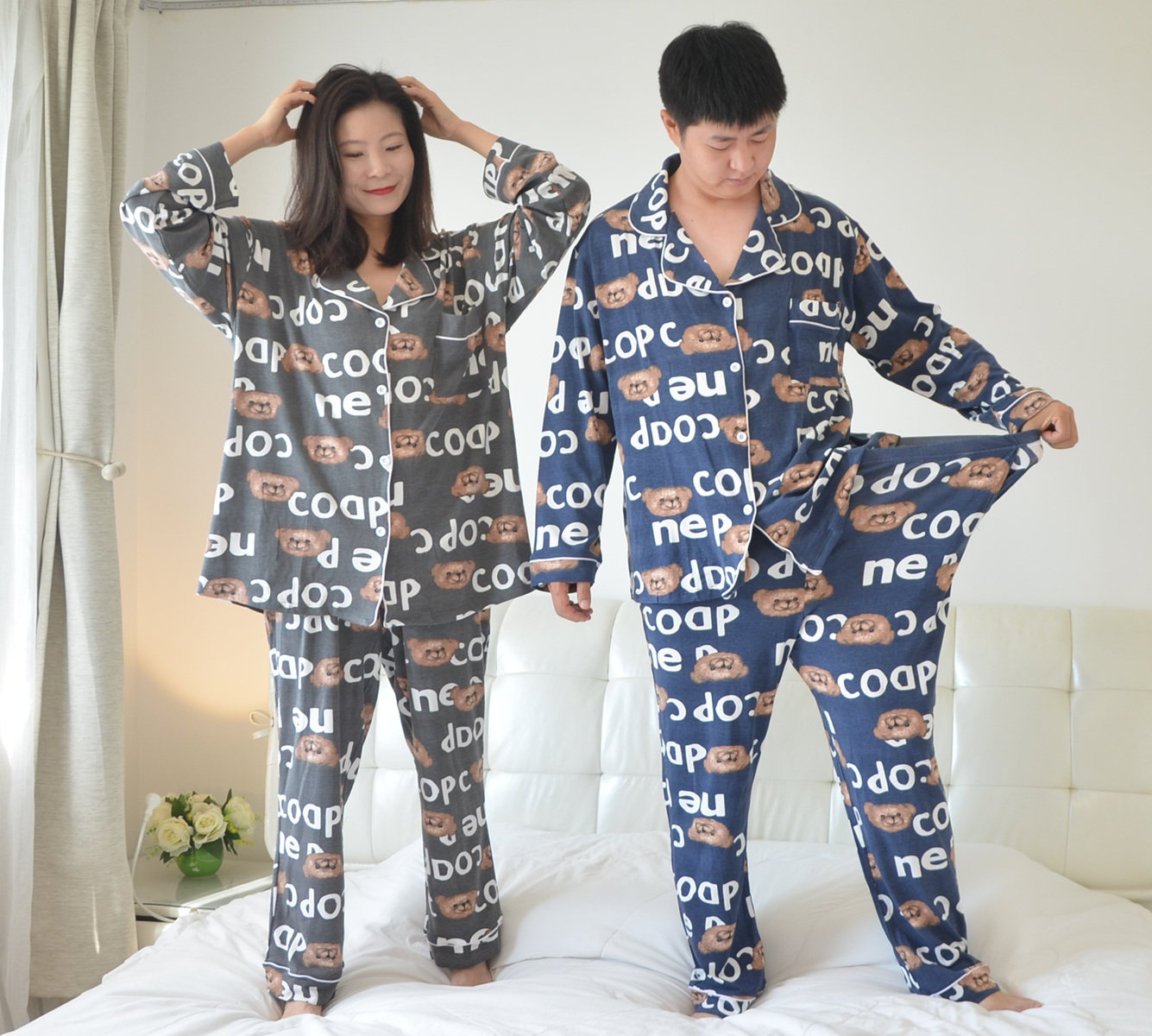 200斤加肥大码字母熊睡衣女春秋情侣纯棉长袖裤男士衬衫款家居服