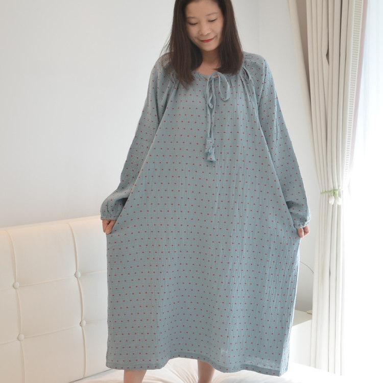 200斤加大码双层纯棉纱布睡裙女胖MM孕妇春秋长袖超长款家居睡衣