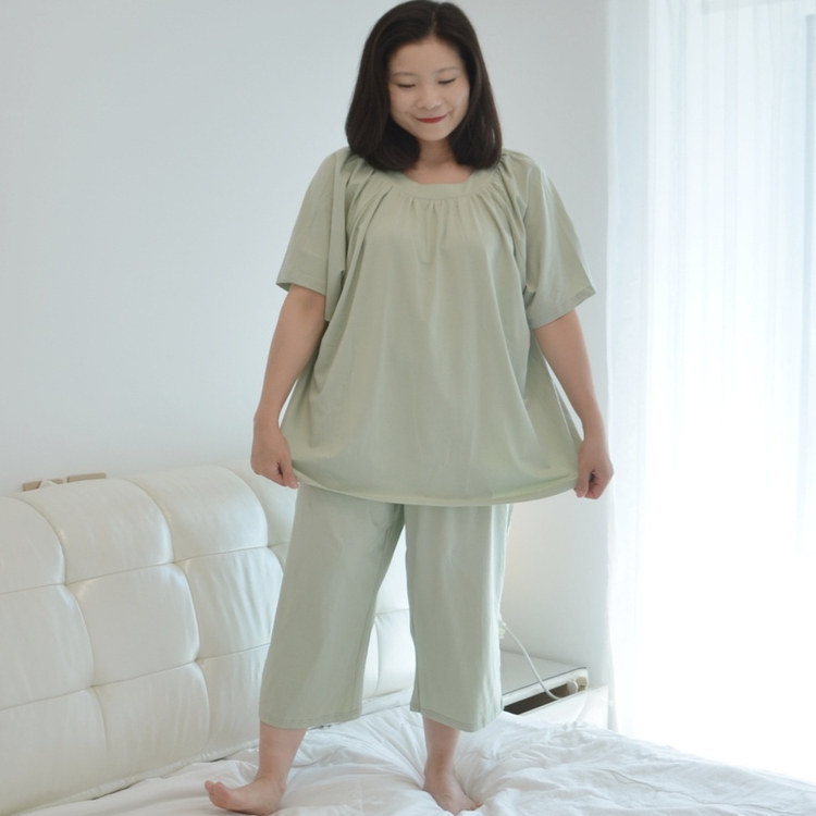200斤加肥大码短袖七分裤睡衣女胖MM夏季圆领针织纯棉休闲家居服