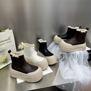 棉靴真皮马丁靴女厚底粗跟烟筒靴女增高短靴女911 女鞋 时尚 冬季