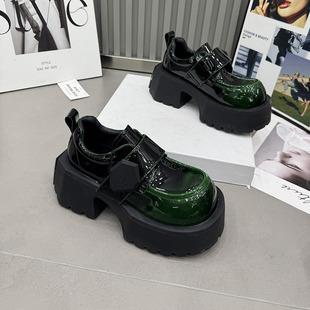 7905 学院风单鞋 女魔术贴大头JK小皮鞋 小众设计绿色厚底松糕鞋