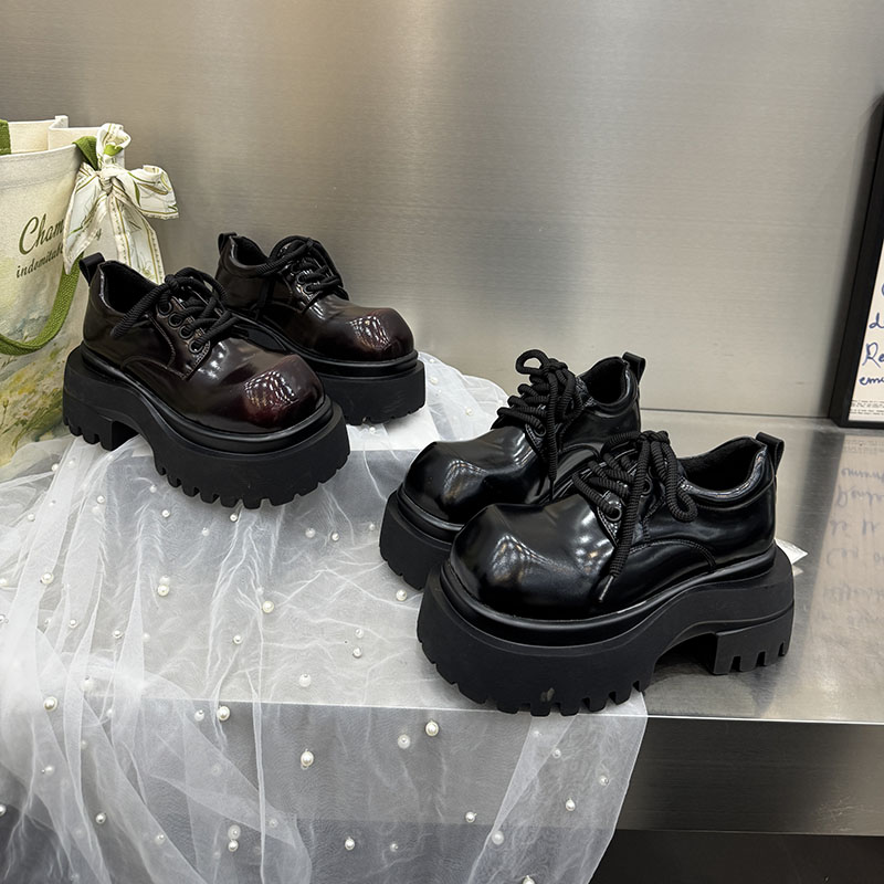 厚底松糕鞋女黑色圆头德比鞋