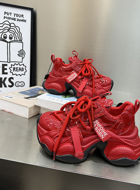 红色厚底漆皮女单鞋老爹鞋冬季透气松糕鞋增高百搭运动鞋9675-15