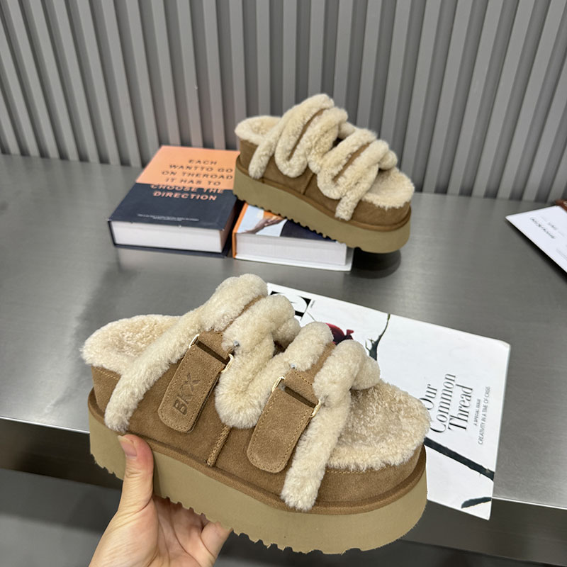 反毛皮羊毛拖厚底毛毛勃肯一字拖外穿加绒保暖棉拖鞋增高Ｆ818-5