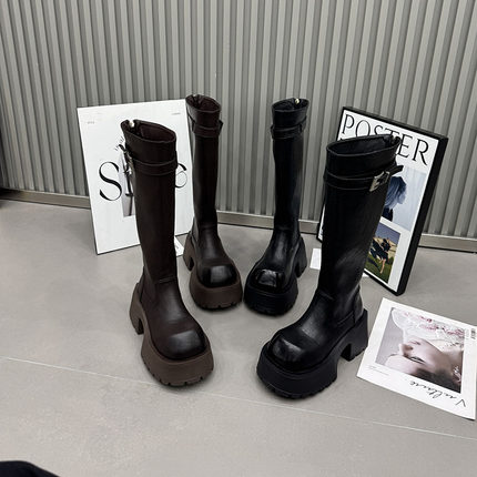 25新款真皮马丁靴女冬季侧拉链松糕厚底高筒靴长靴子皮靴7905-53