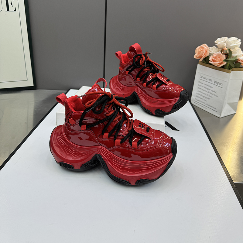 漆皮红色厚底老爹鞋女透气增高