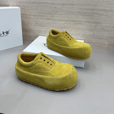 日系反毛皮黄色厚底增高松糕鞋女