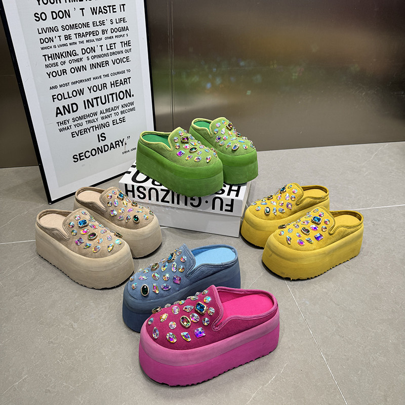 拖鞋糖果色真皮单鞋水钻松糕鞋女增高小个子休闲鞋松糕底鞋1168-7