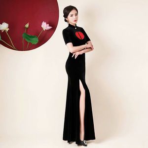 丝绒走秀旗袍裙长款优雅演出服2021年新款中国风优雅高贵导师旗袍