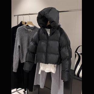 西班牙D 2024冬季美式甜辣风高腰短款蓬松保暖连帽棉衣棉服外套女