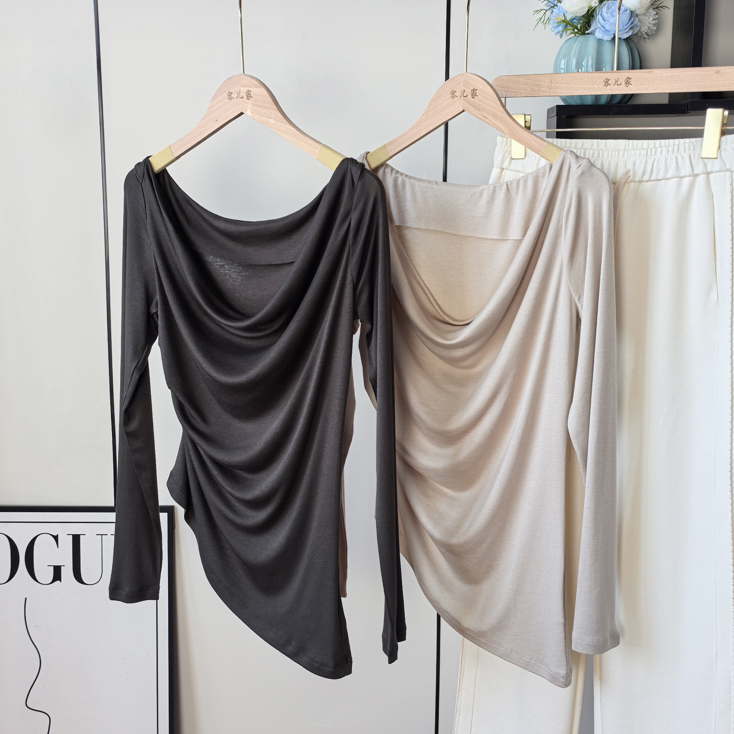 天丝羊毛荡领缩褶收腰T恤包邮